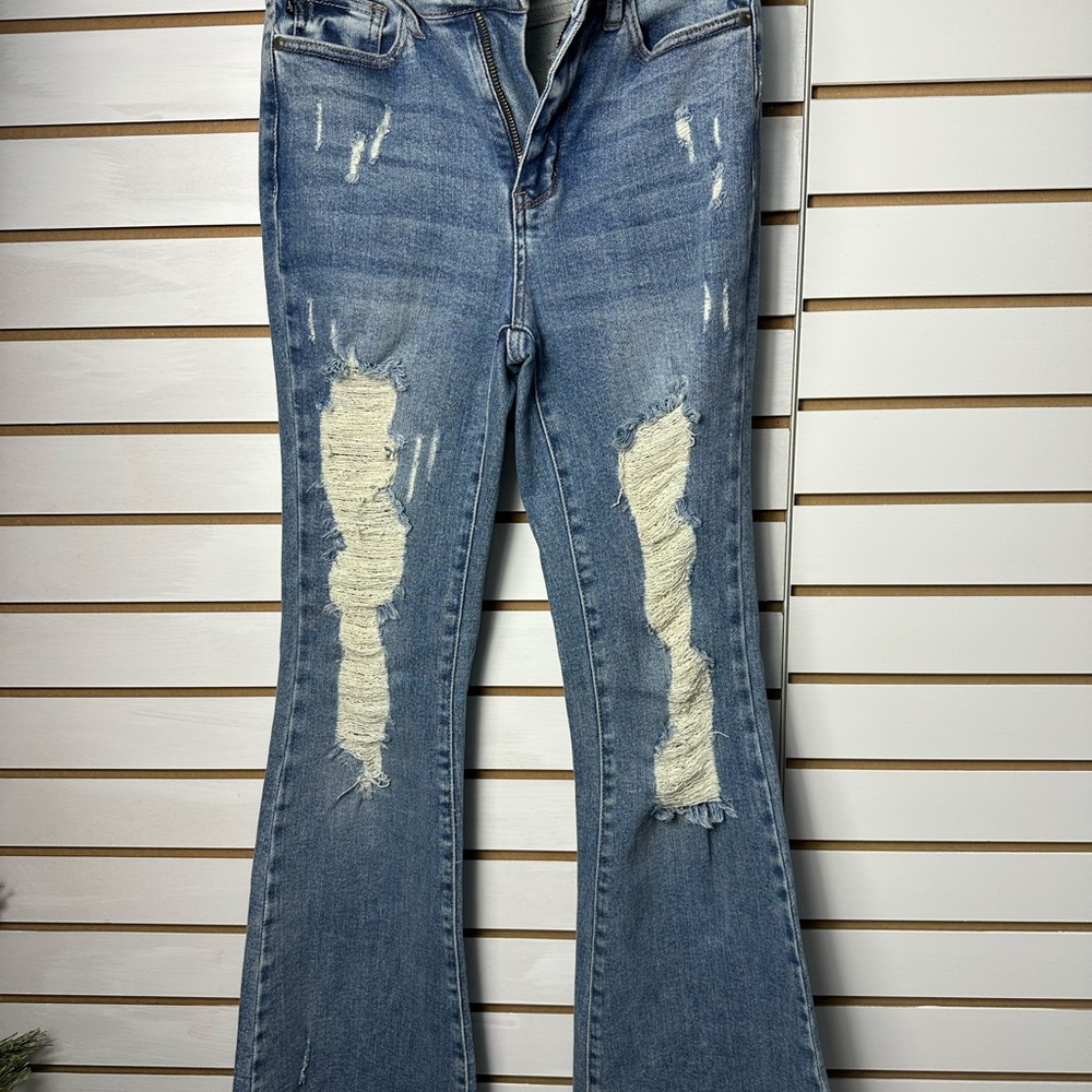 Judy Blue Flare Jeans Blue Distressed Denim